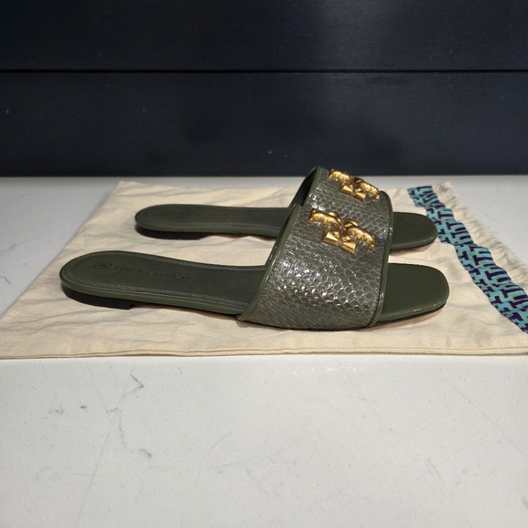 Tory Burch Eleanor Olive and Gold Slide Sandals Double T Square Open Toe Size 11 - Picture 3 of 6